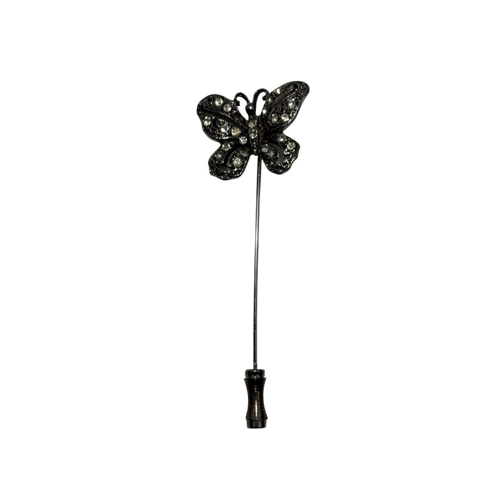 Vintage Silver Tone Beautiful Rhinestone Openwork Butterfly Insect Stick Pin
